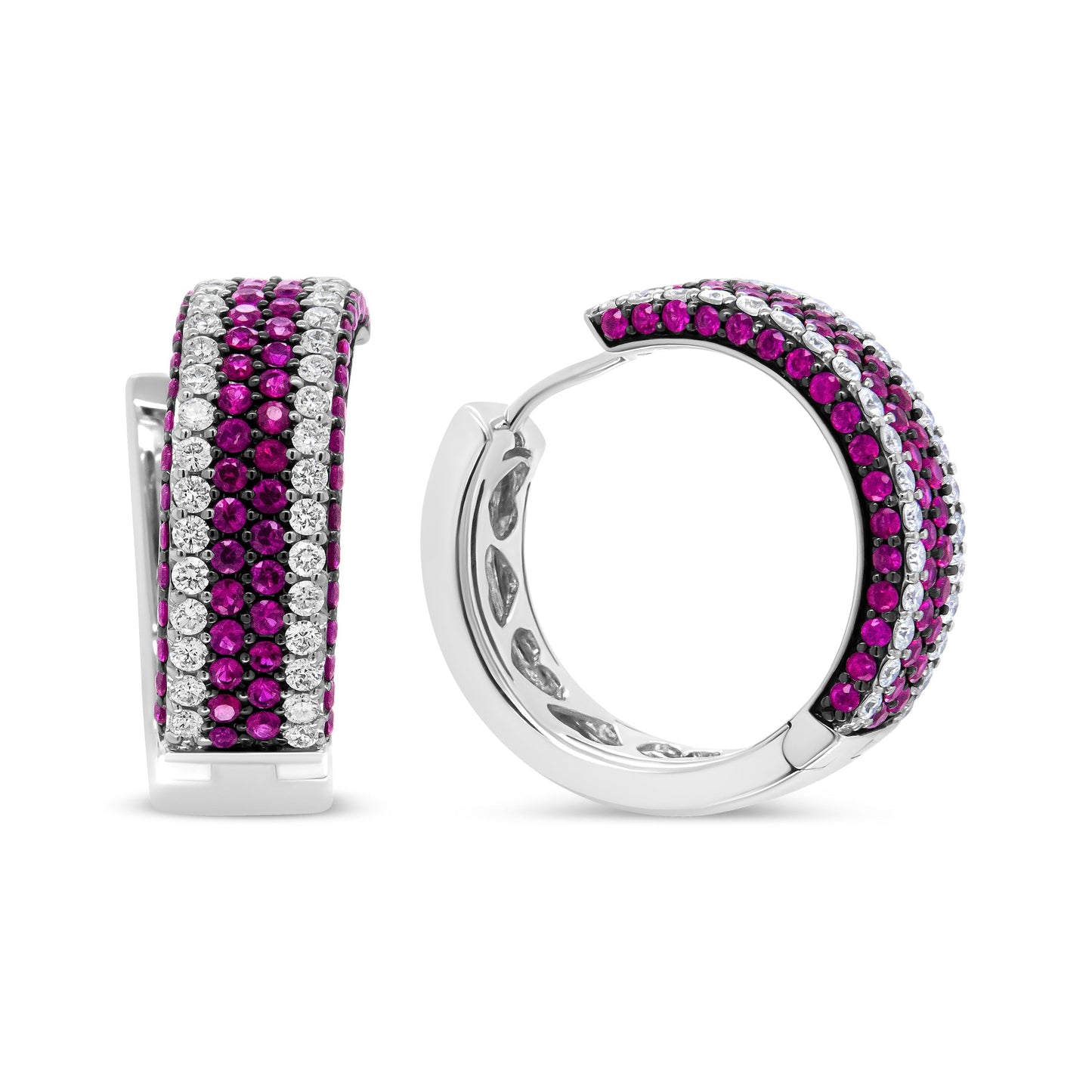 18K White Gold 1 7/8 Cttw Diamond and 1mm Round Red Ruby Open Swish Hoop Earrings (F-G Color, VS1-VS2 Clarity) Bids.com