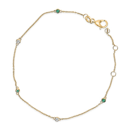 14K Yellow Gold Alternating Green Emerald and Diamond Bezel Station Chain Bracelet - Size 7.5 inch Bids.com