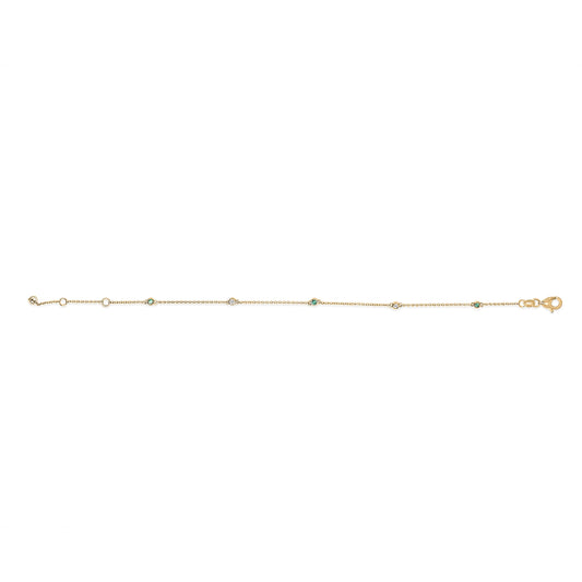 14K Yellow Gold Alternating Green Emerald and Diamond Bezel Station Chain Bracelet - Size 7.5 inch Bids.com