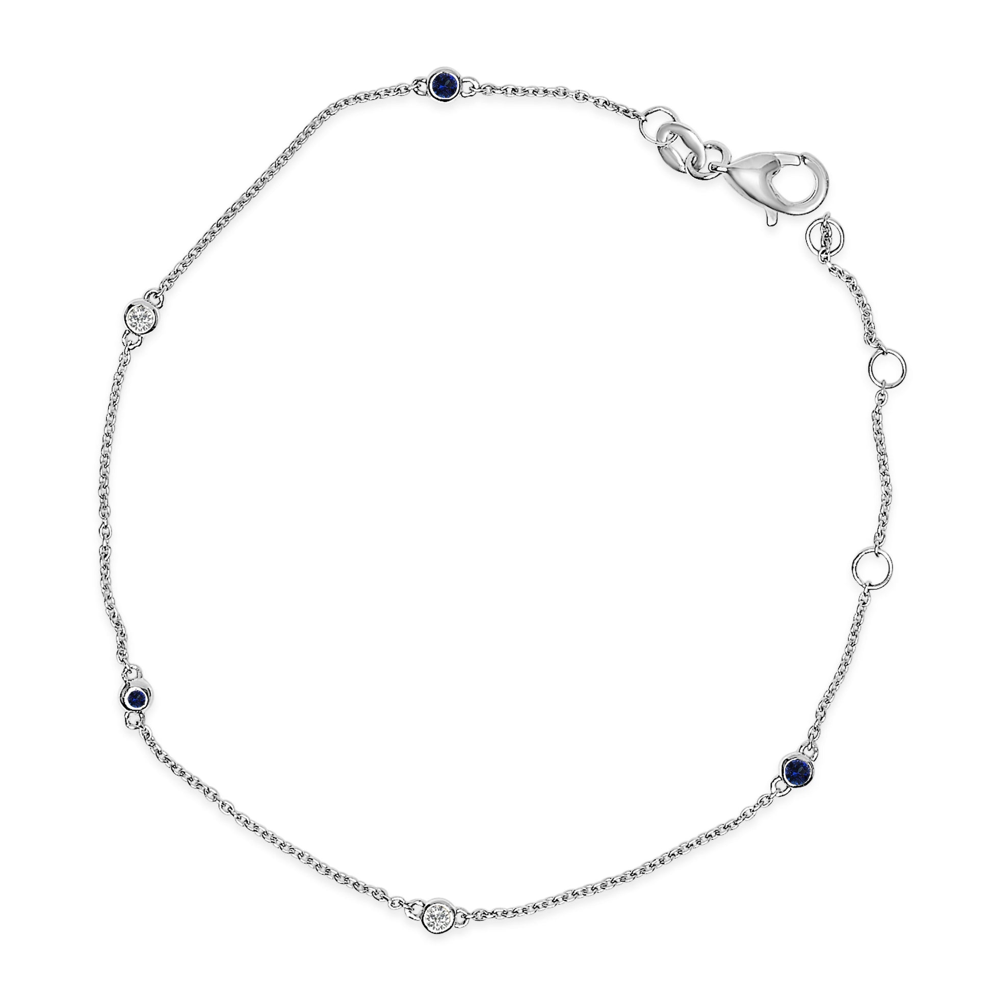 14K White Gold Alternating Blue Sapphire and Diamond Bezel Station Chain Bracelet - Size 7.5 inch Bids.com