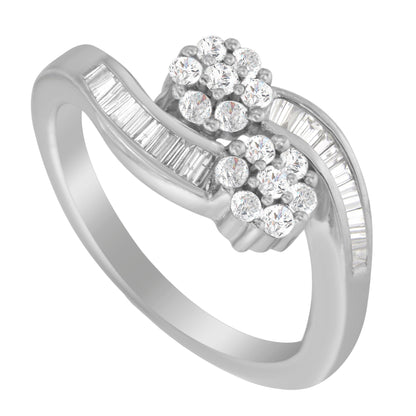 14K White Gold Round and Baguette Diamond Bypass Ring (1/2 cttw, H-I Color, I1-I2 Clarity) - Ring Size 6 Bids.com