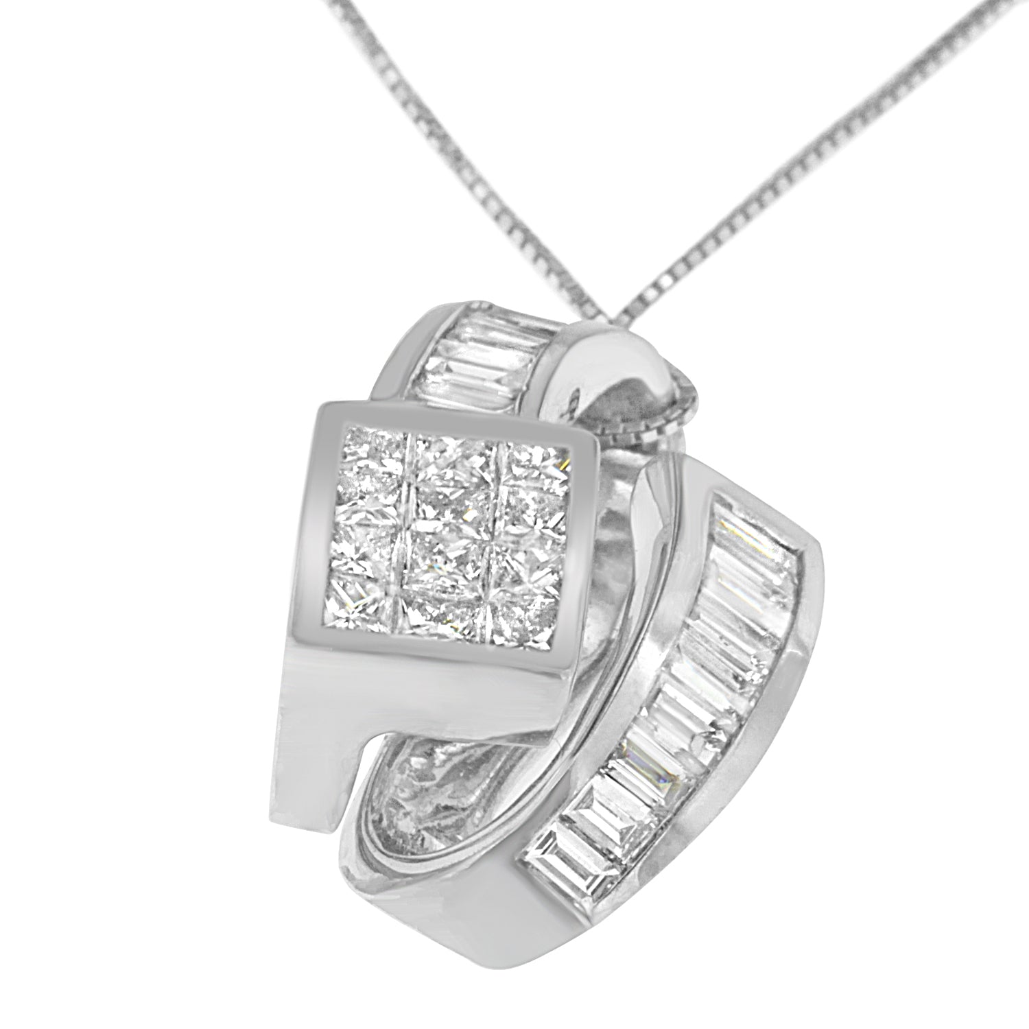 14K White Gold 2 cttw Princess and Baguette Cut Diamond Double Loop Pendant Necklace (G-H, VS1-VS2) Bids.com
