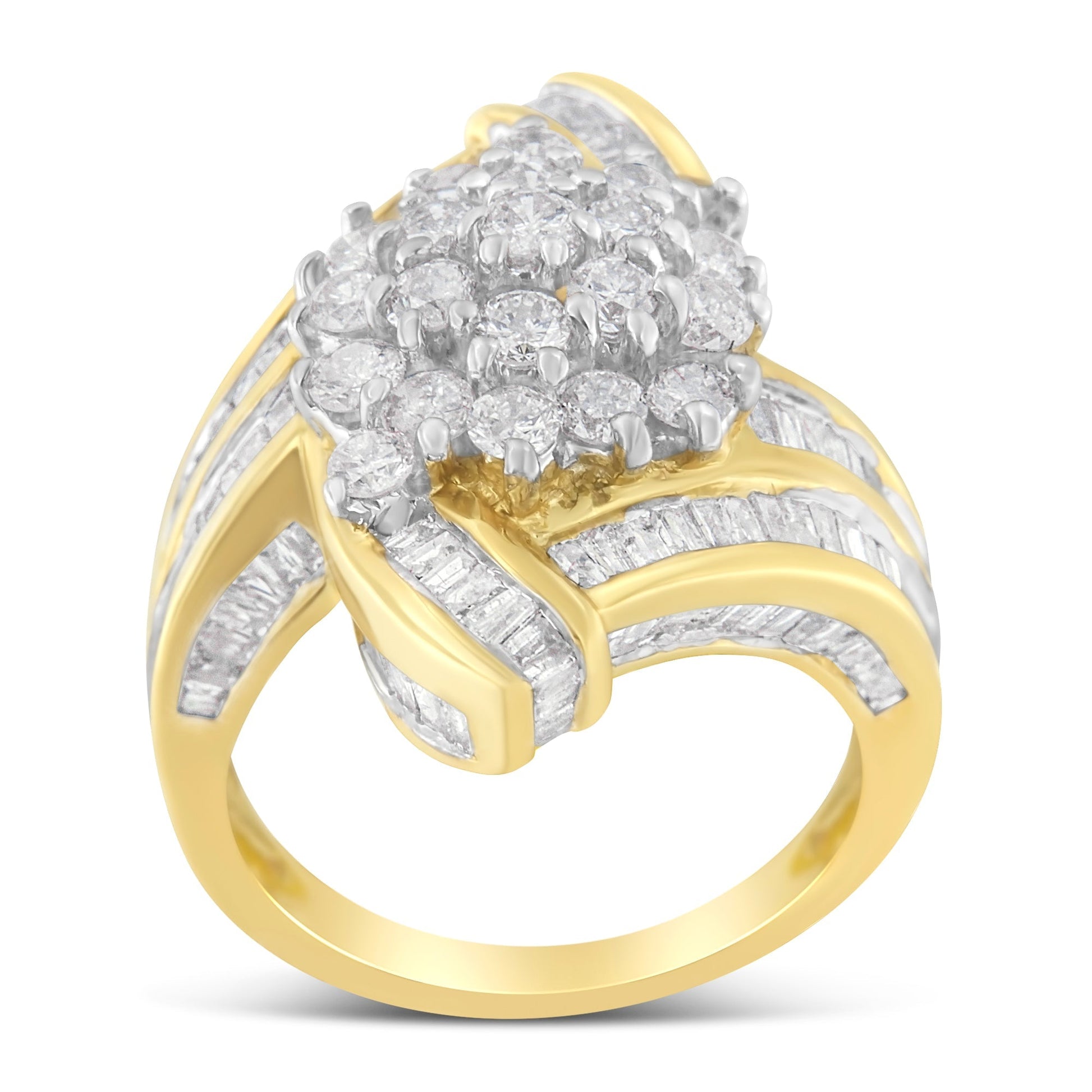 10K Yellow Gold Round and Baguette Diamond Crossover Cluster Ring (3 Cttw, I-J Color, I1-I2 Clarity) - Size 7-1/2 Bids.com