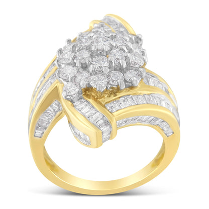 10K Yellow Gold Round and Baguette Diamond Crossover Cluster Ring (3 Cttw, I-J Color, I1-I2 Clarity) - Size 7-1/2 Bids.com