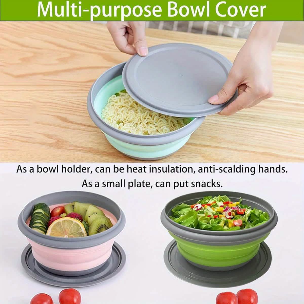 3 Foldable Silicone Camping Bowls with Lids – Blue & Pink DailySale
