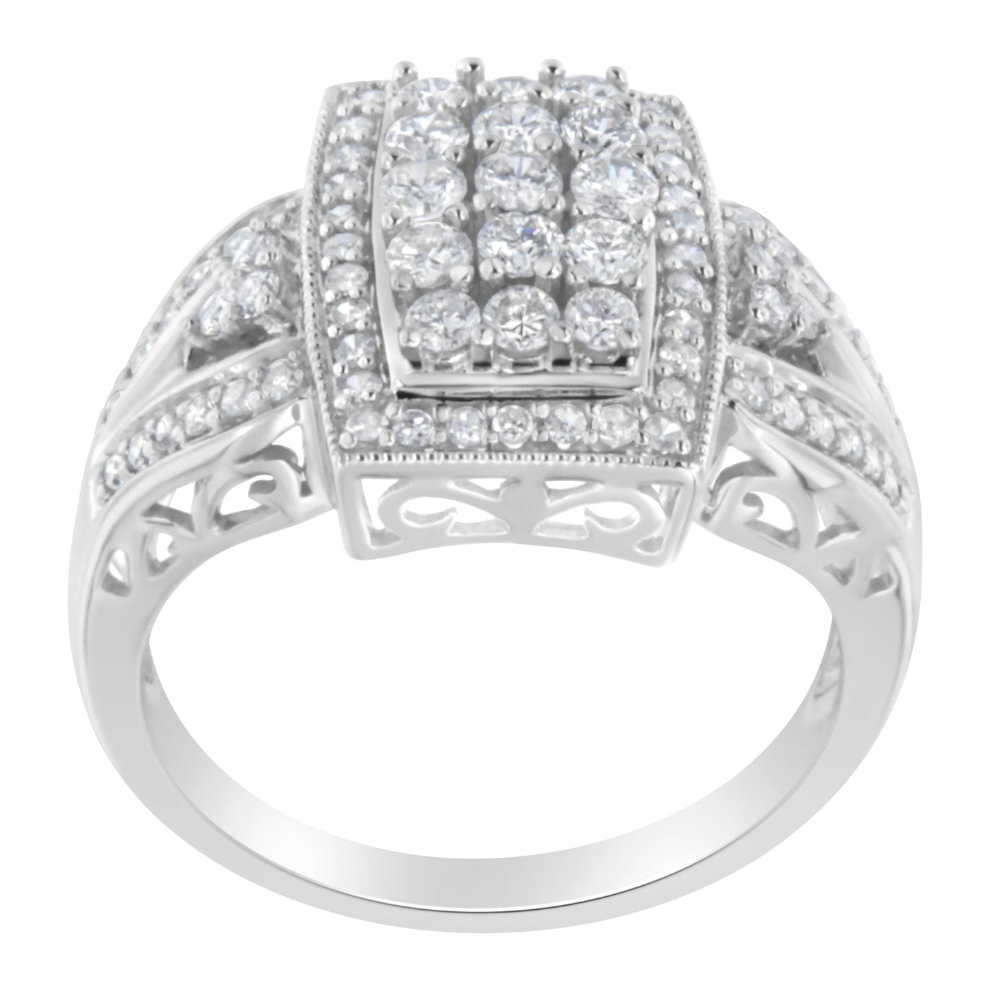 10K White Gold 1.0 Cttw Diamond Rectangular Cushion Shaped Cluster Halo Flared Band Cocktail Fashion Ring (H-I Color, SI2-I1 Clarity) - Size 7 Bids.com