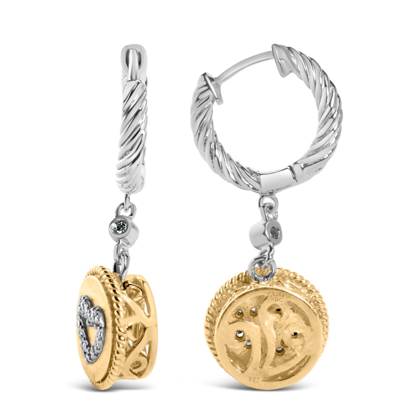 18K Yellow Gold Plated .925 Sterling Silver 1/8 Cttw Diamond Heart Medallion Drop and Dangle Earring (I-J Color, SI1-SI2 Clarity) Bids.com