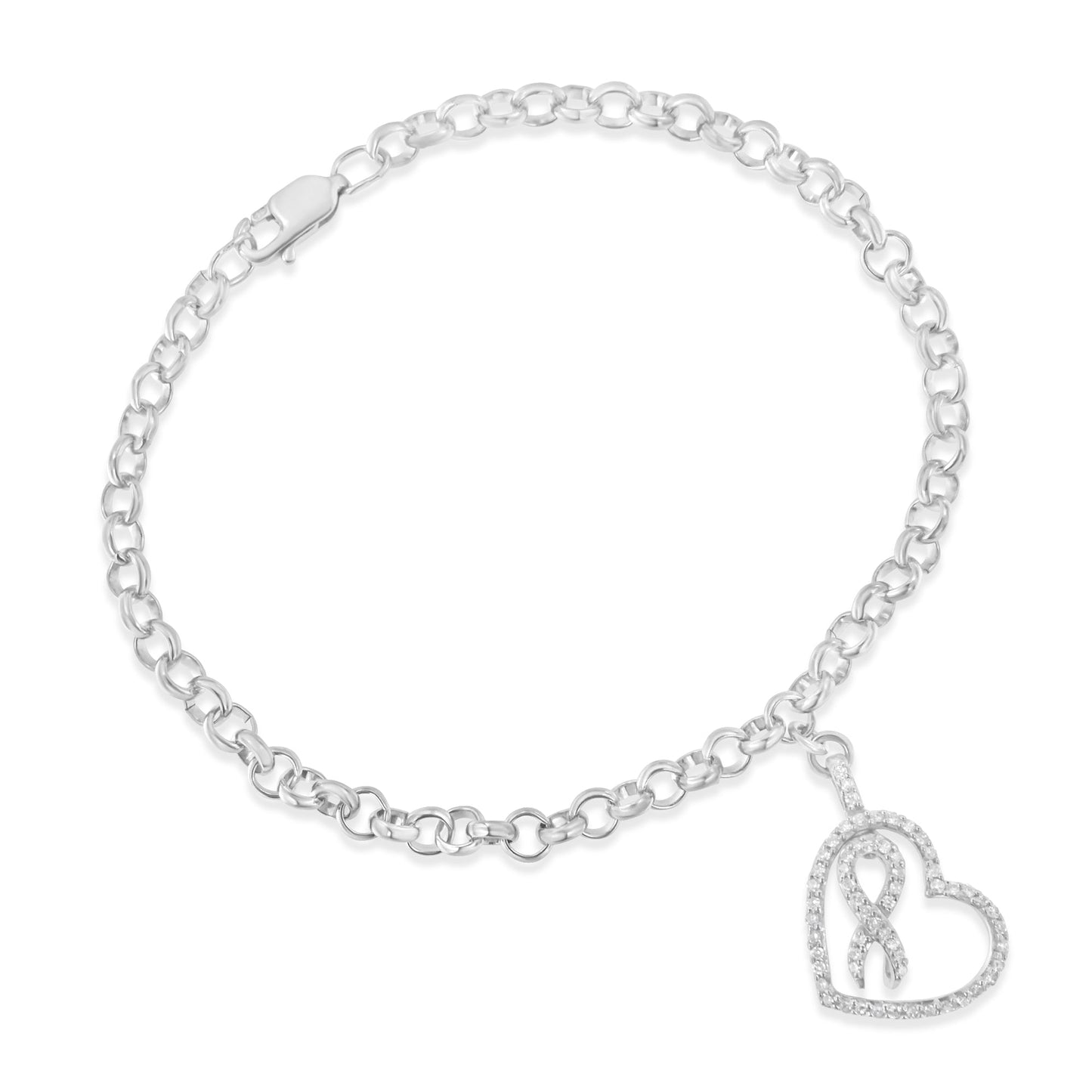 .925 Sterling Silver 1/4 Cttw Diamond-Accented Heart and Ribbon Charm 7" Link Chain Bracelet (H-I Color, I1-I2 Clarity) Bids.com