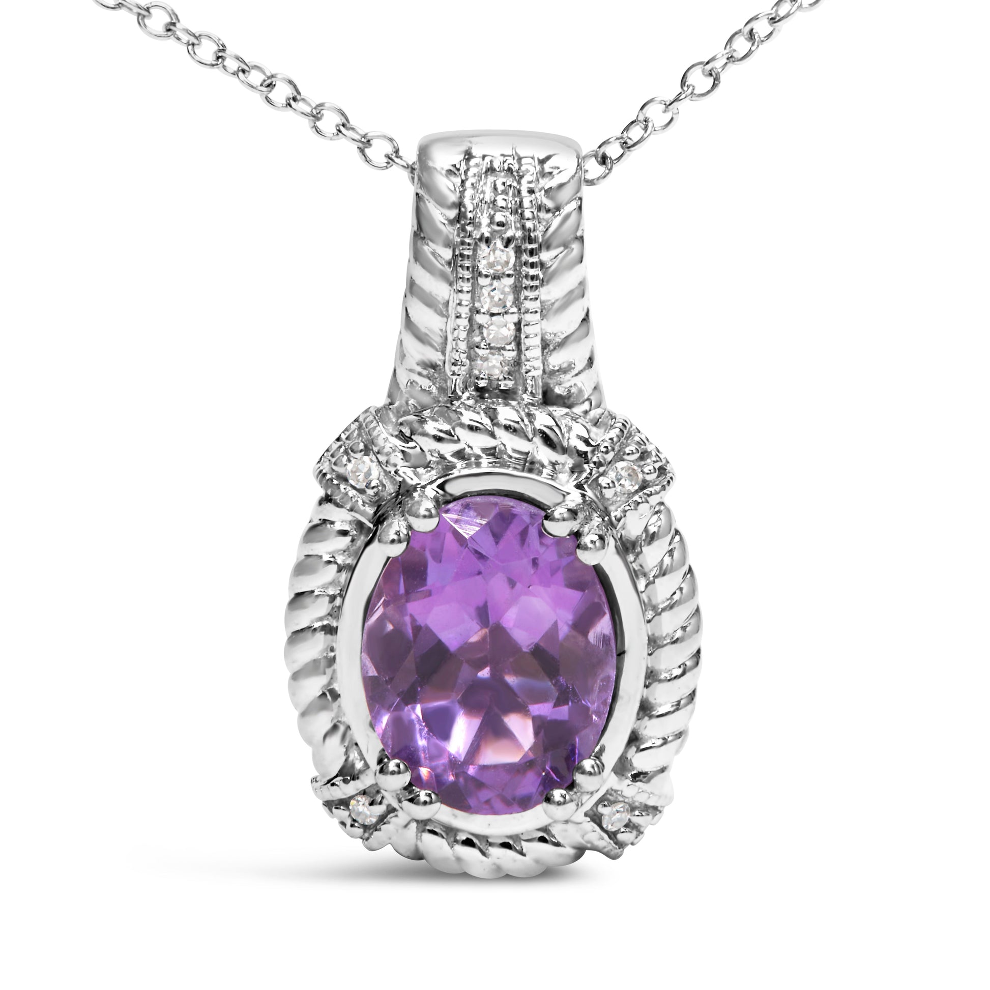 .925 Sterling Silver 9x7mm Oval Purple Amethyst and Round Diamond Accent Fashion Drop Pendant 18 Inch Necklace (I-J Color, I1-I2 Clarity) Bids.com