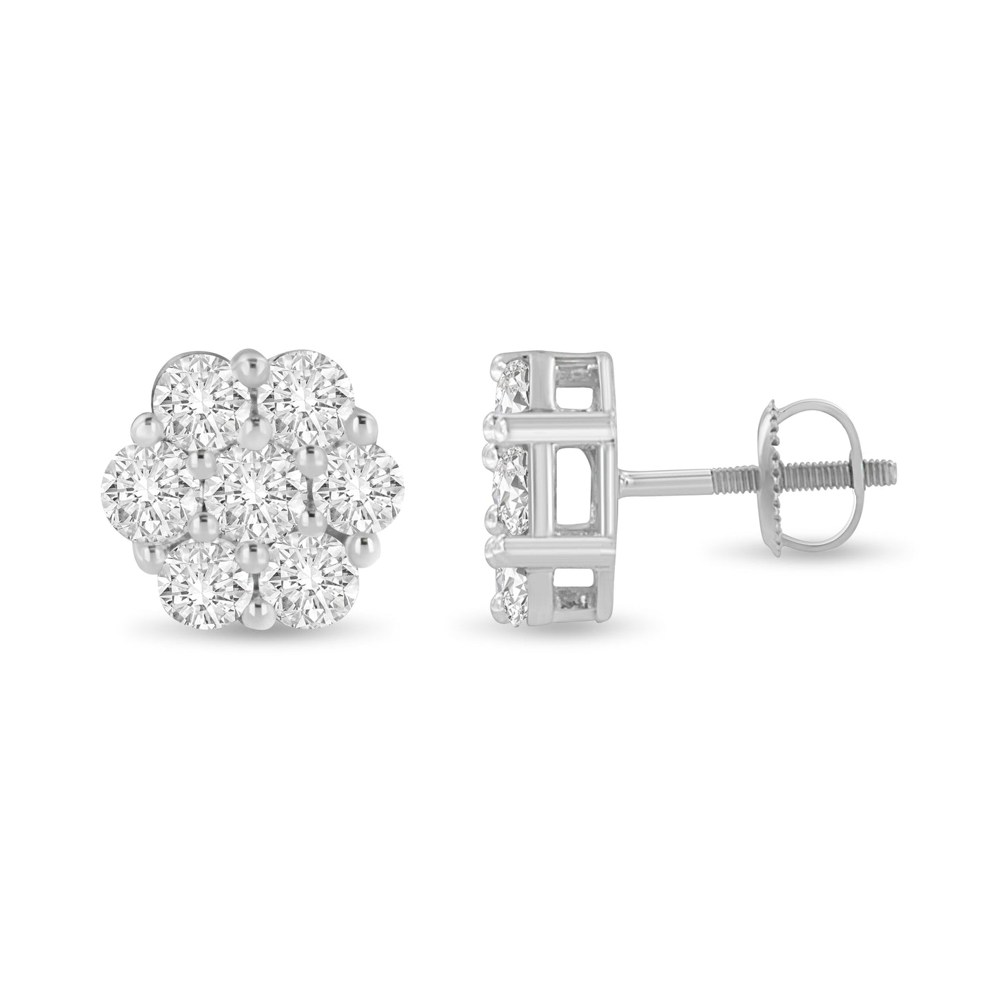 14K White Gold 3 cttw Prong Set Round-Cut Diamond Floral Cluster Stud Earring (I-J Color, SI1-SI2 Clarity) Bids.com