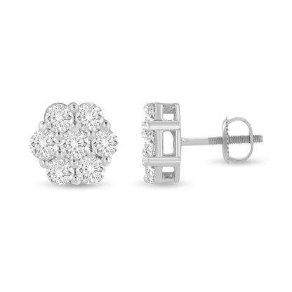 14K White Gold 3 cttw Prong Set Round-Cut Diamond Floral Cluster Stud Earring (I-J Color, SI1-SI2 Clarity) Bids.com