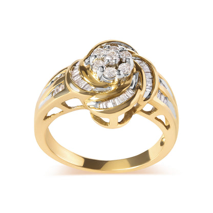 10K Yellow Gold 1/2 Cttw Round and Baguette Diamond Flower Swirl Cocktail Ring (I-J Color, SI2-I1 Clarity) - Ring Size 7 Bids.com