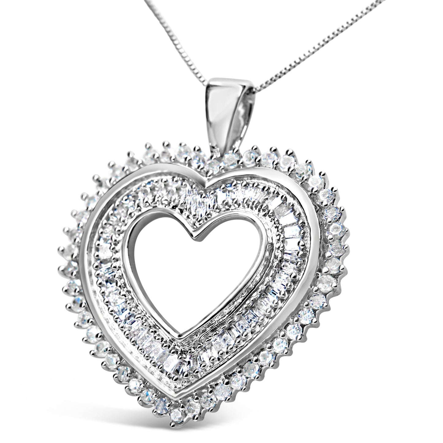 .925 Sterling Silver 1.0 Cttw Baguette and Round Diamond  Heart Pendant 18" Necklace (H-I Color, I3 Clarity) Bids.com
