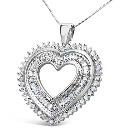 .925 Sterling Silver 1.0 Cttw Baguette and Round Diamond  Heart Pendant 18" Necklace (H-I Color, I3 Clarity) Bids.com