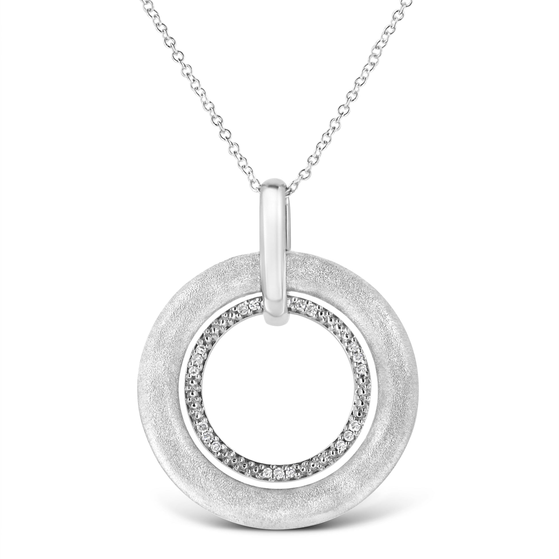 .925 Sterling Silver Prong-Set Diamond Accent Satin Finished Double Circle 18" Pendant Necklace (I-J Color, I1-I2 Clarity) Bids.com