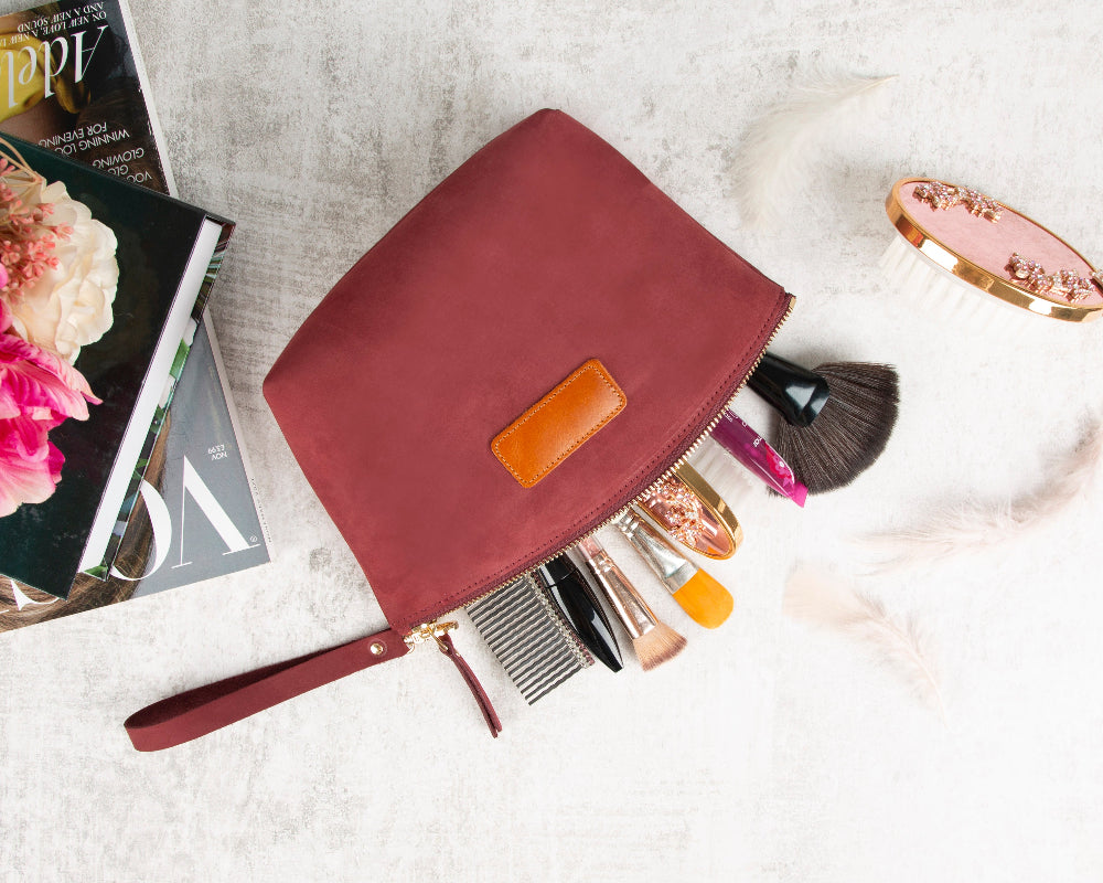 Luna Leather Makeup Bag – Genuine Leather Toiletry & Dopp Kit for Men & Women for Travel Elegance | Minimal & Handcrafted Mizuri Leather