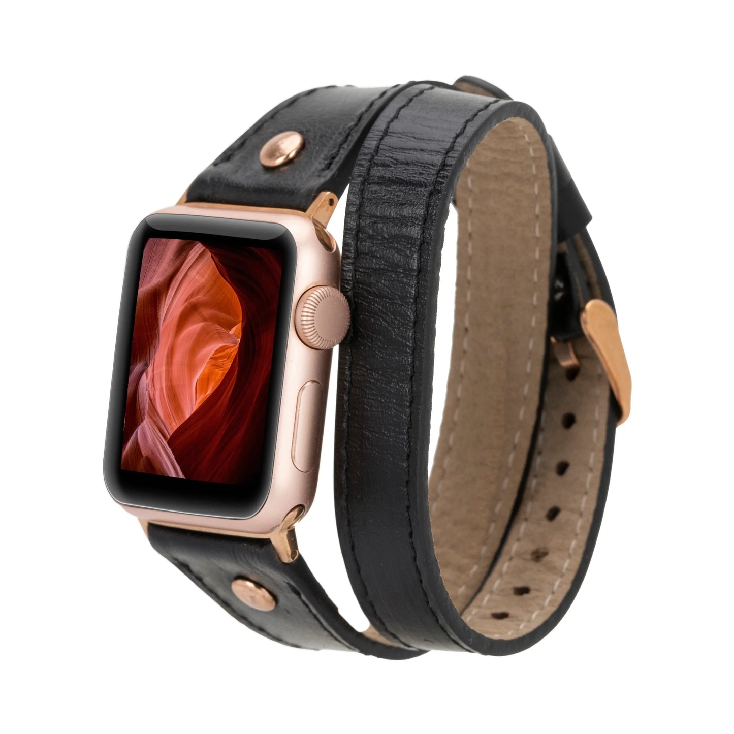 Hector Double Tour Leather Apple Watch Band with Rose Gold Trok Mizuri Leather