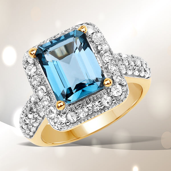 14K Yellow Gold Plated 5.03 Carat Genuine London Blue Topaz and White Topaz .925 Sterling Silver Ring Bids.com
