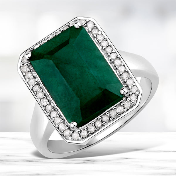5.72 Carat Dyed Emerald and White Diamond .925 Sterling Silver Ring Bids.com