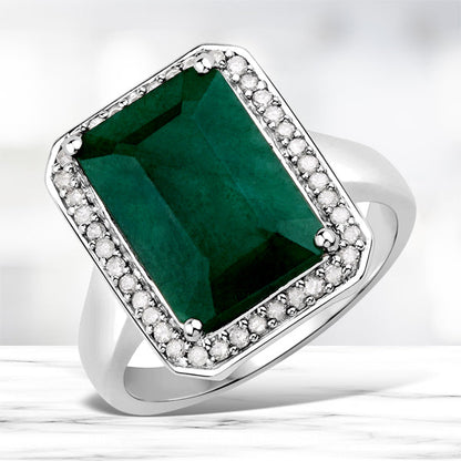 5.72 Carat Dyed Emerald and White Diamond .925 Sterling Silver Ring Bids.com