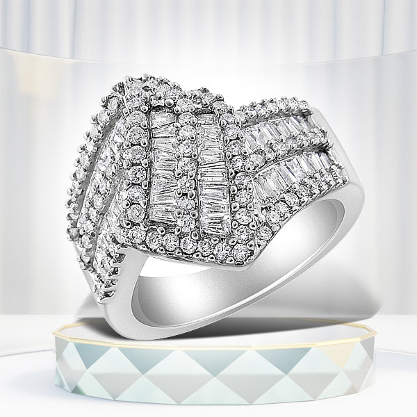 14K White Gold 1-1/2 Cttw Round and Baguette Diamond Bypass Cocktail Ring Band (H-I Color, SI1-SI2 Clarity) - Size 7 Bids.com