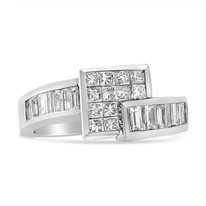 14K White Gold 1 1/2 Cttw Invisible-Set Princess and Channel-Set Baguette Diamond Geometric Bypass Ring Band (G-H Color, SI2-I1 Clarity) - Ring Size 7 Bids.com