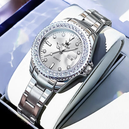 Women's Sunray Dial Zircon Bezel Steel Quartz Watch BandsCo Straps