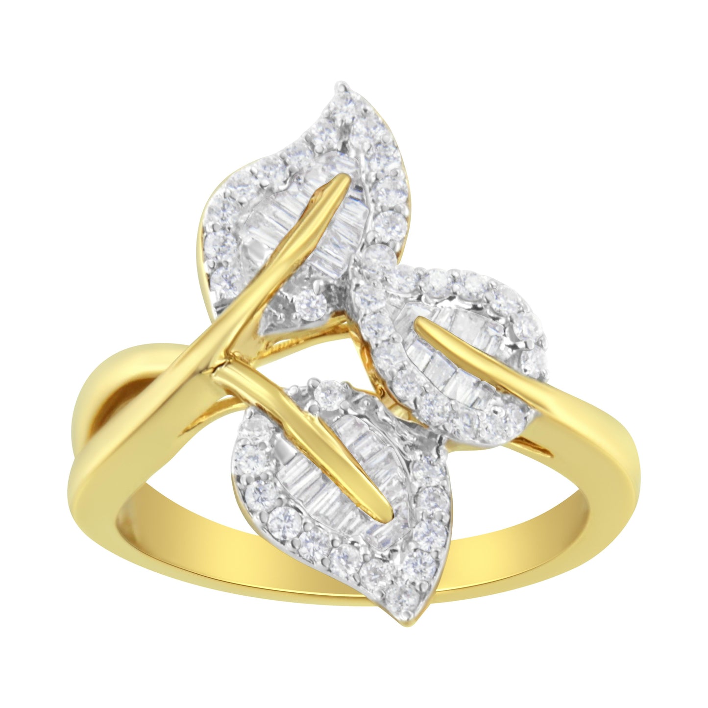10k Yellow and White Gold 1/2 Cttw Baguette and Round Diamond Bypass Triple Leaf Ring (I-J Color, I1-I2 Clarity) - Size 7 Bids.com