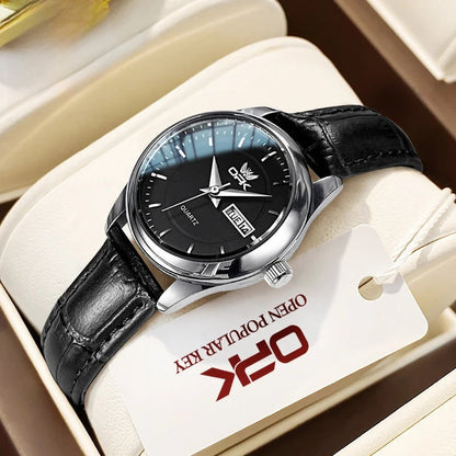 Women's Leather Strap Quartz Watch Silver Case Dual Day BandsCo Straps