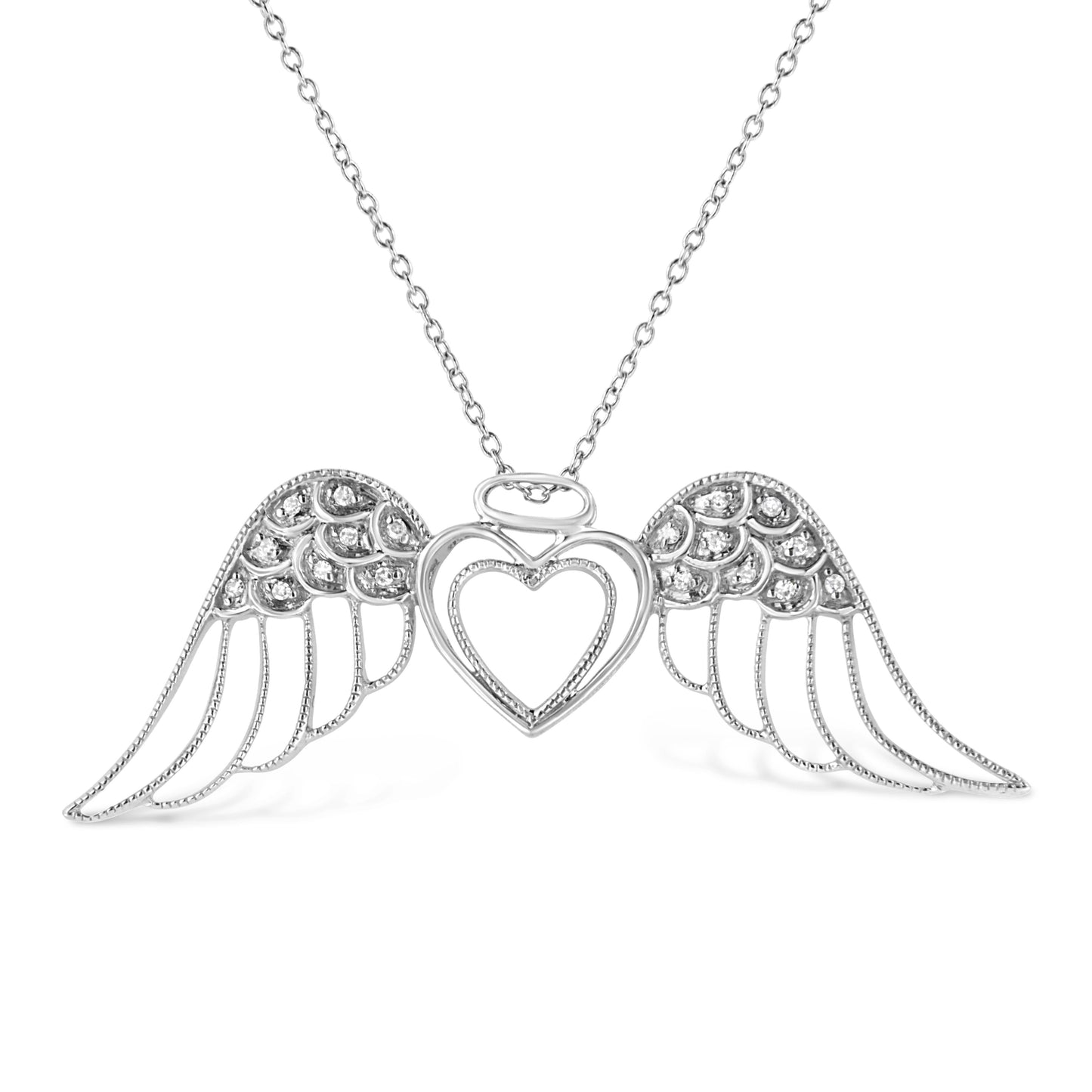 .925 Sterling Silver Pave-Set Diamond Accent Angel Wing 18" Double Heart Pendant Necklace (I-J Color, I1-I2 Clarity) Bids.com