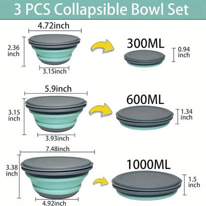 3 Foldable Silicone Camping Bowls with Lids – Blue & Pink DailySale