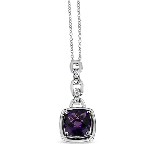 .925 Sterling Silver 6x6MM Cushion Shaped Natural Purple Amethyst and Diamond Accented Bale 18" Inch Pendant Necklace (I-J Color, I1-I2 Clarity) Bids.com