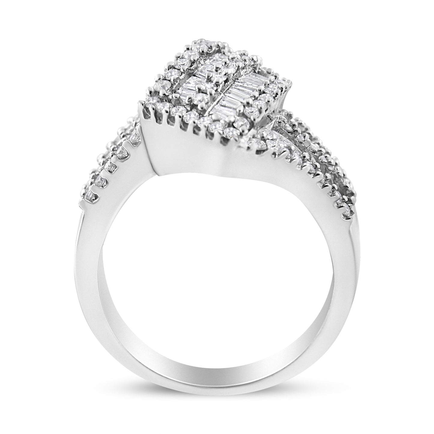 14K White Gold 1-1/2 Cttw Round and Baguette Diamond Bypass Cocktail Ring Band (H-I Color, SI1-SI2 Clarity) - Size 7 Bids.com