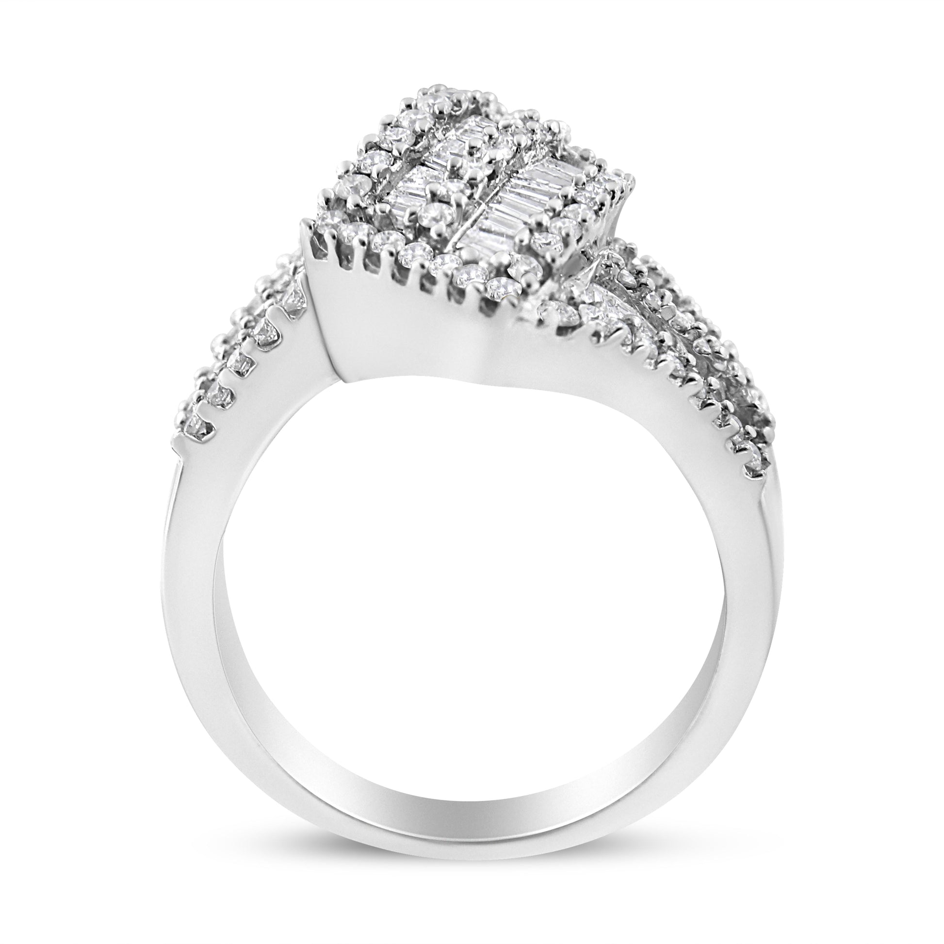 14K White Gold 1-1/2 Cttw Round and Baguette Diamond Bypass Cocktail Ring Band (H-I Color, SI1-SI2 Clarity) - Size 7 Bids.com