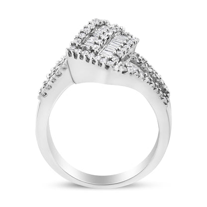 14K White Gold 1-1/2 Cttw Round and Baguette Diamond Bypass Cocktail Ring Band (H-I Color, SI1-SI2 Clarity) - Size 7 Bids.com
