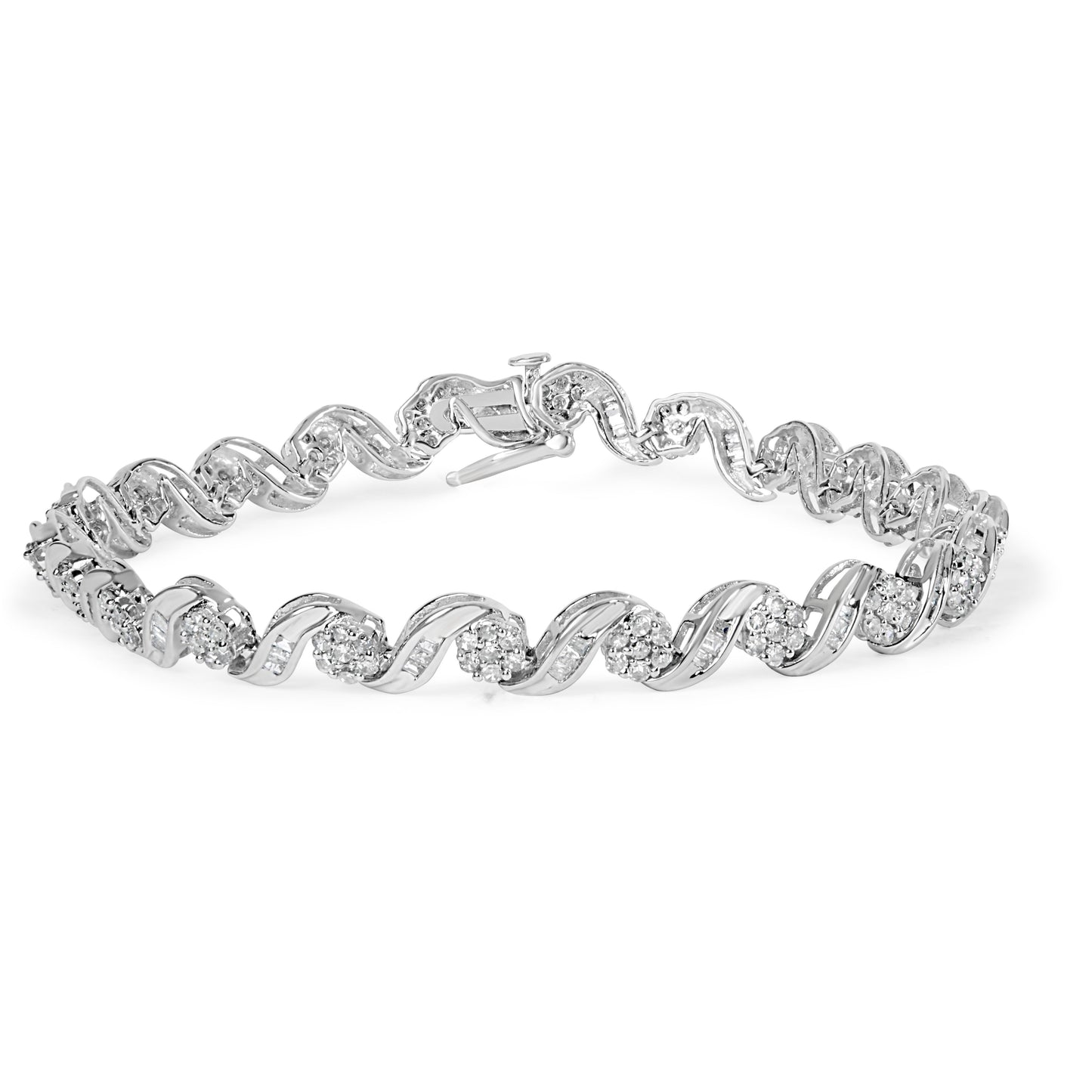 10K White Gold 2.00 Cttw Round-Cut and Baguette-Cut Diamond Floral Design Swirl Link 7" Bracelet (I-J Color, I1-I2 Clarity) Bids.com