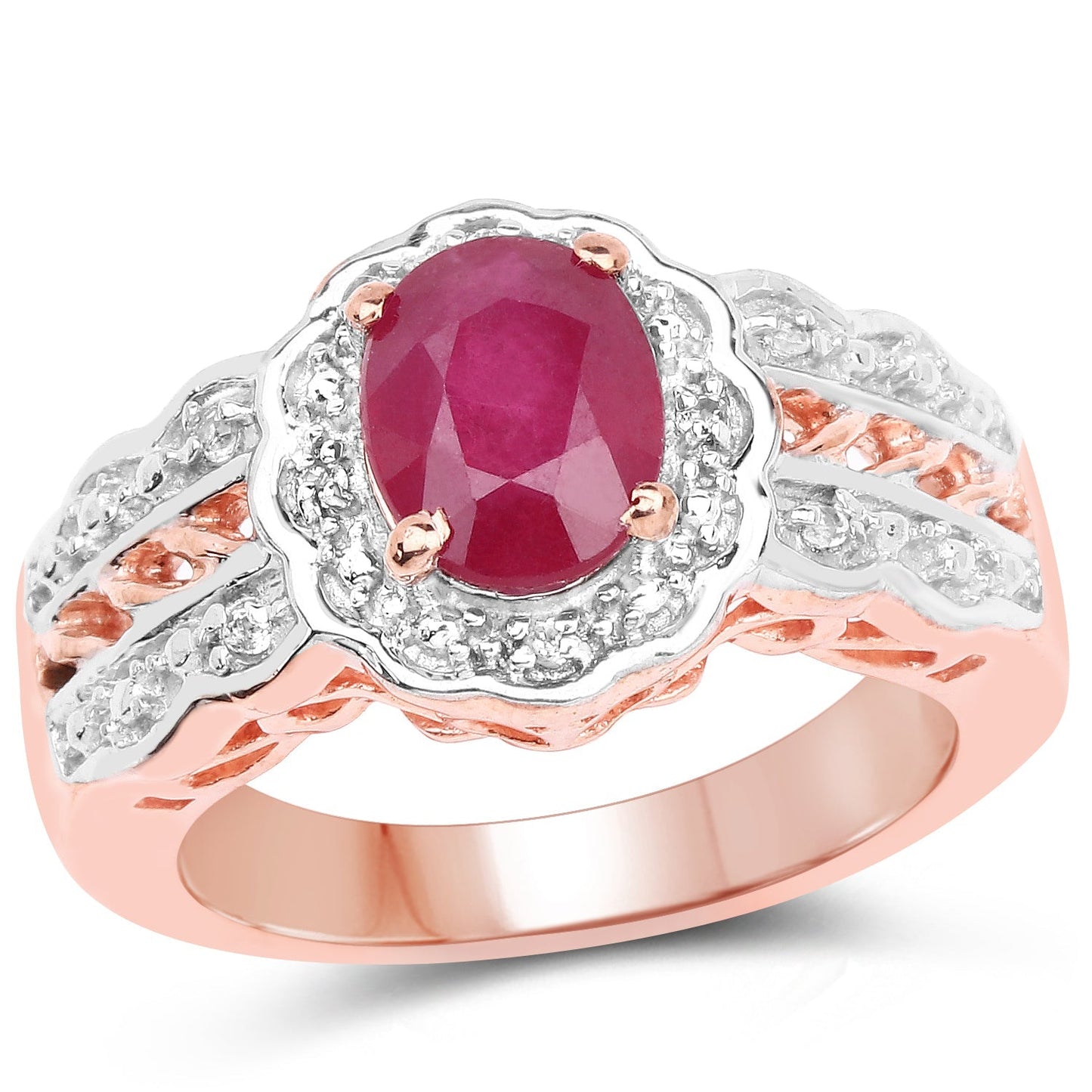 14K Rose Gold Plated 1.67 Carat Glass Filled Ruby and White Topaz .925 Sterling Silver Ring Bids.com