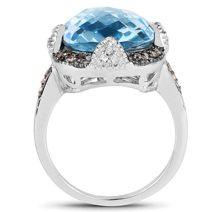 8.29 Carat Genuine Swiss Blue Topaz, Champagne Diamond and White Diamond .925 Sterling Silver Ring Bids.com