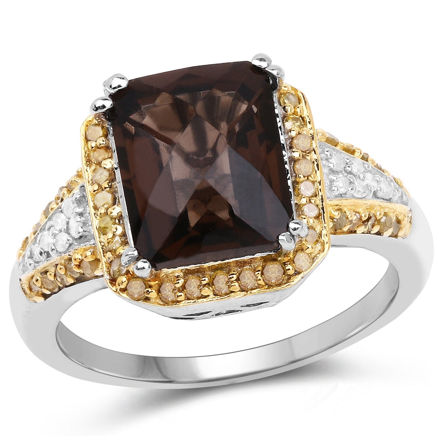 3.48 Carat Genuine Smoky Quartz, Yellow Diamond and White Diamond .925 Sterling Silver Ring Bids.com