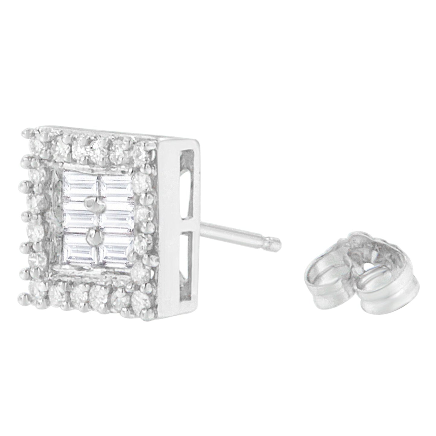 14K White Gold 1 cttw Round and Baguette Diamond Stud Earrings (H-I, SI1-SI2) Bids.com