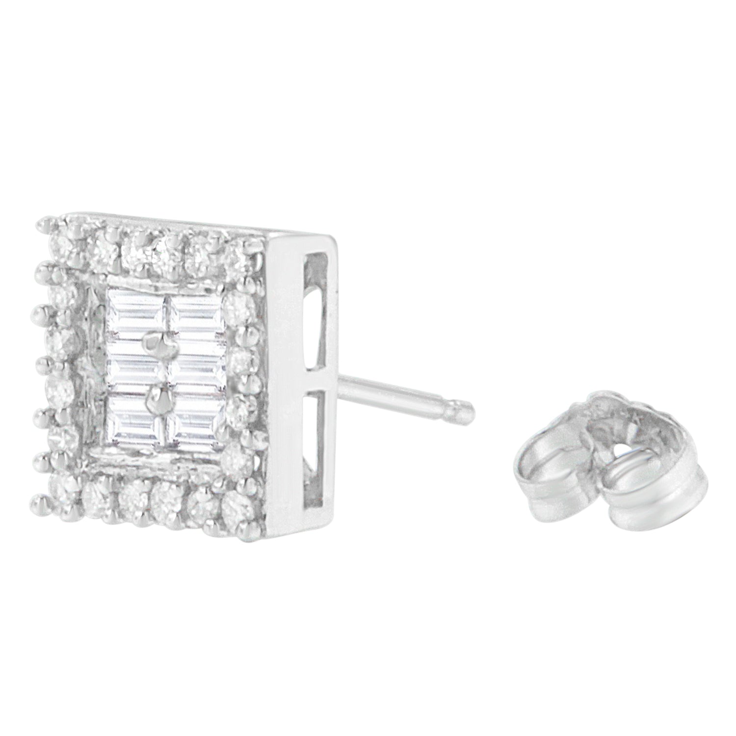 14K White Gold 1 cttw Round and Baguette Diamond Stud Earrings (H-I, SI1-SI2) Bids.com