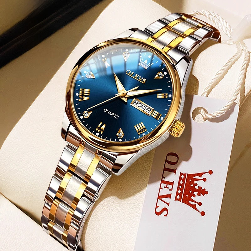 Women's Gold Stainless Steel Quartz Watch Dual Calendar BandsCo Straps