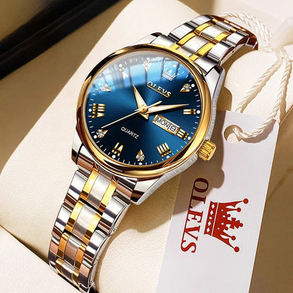 Women's Gold Stainless Steel Quartz Watch Dual Calendar BandsCo Straps