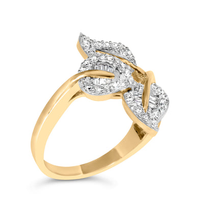 18K Yellow Gold Plated .925 Sterling Silver 1/2 Cttw Baguette and Round Diamond Bypass Triple Leaf Ring (I-J Color, I1-I2 Clarity) - Size 5 Bids.com