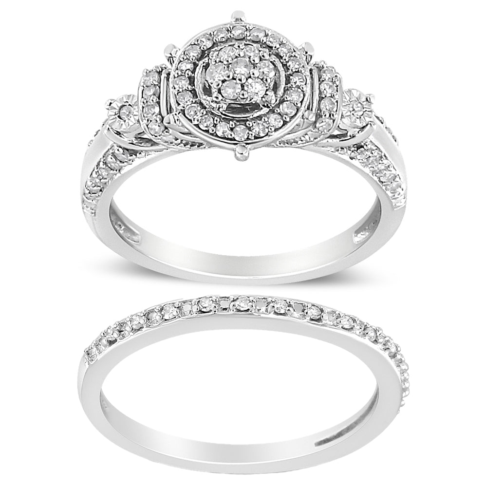 .925 Sterling Silver 1/3 Cttw Diamond 7 Stone Cluster and Halo Engagement Ring and Wedding Band Set (I-J Color, I1-I2 Clarity) - Size 7 Bids.com