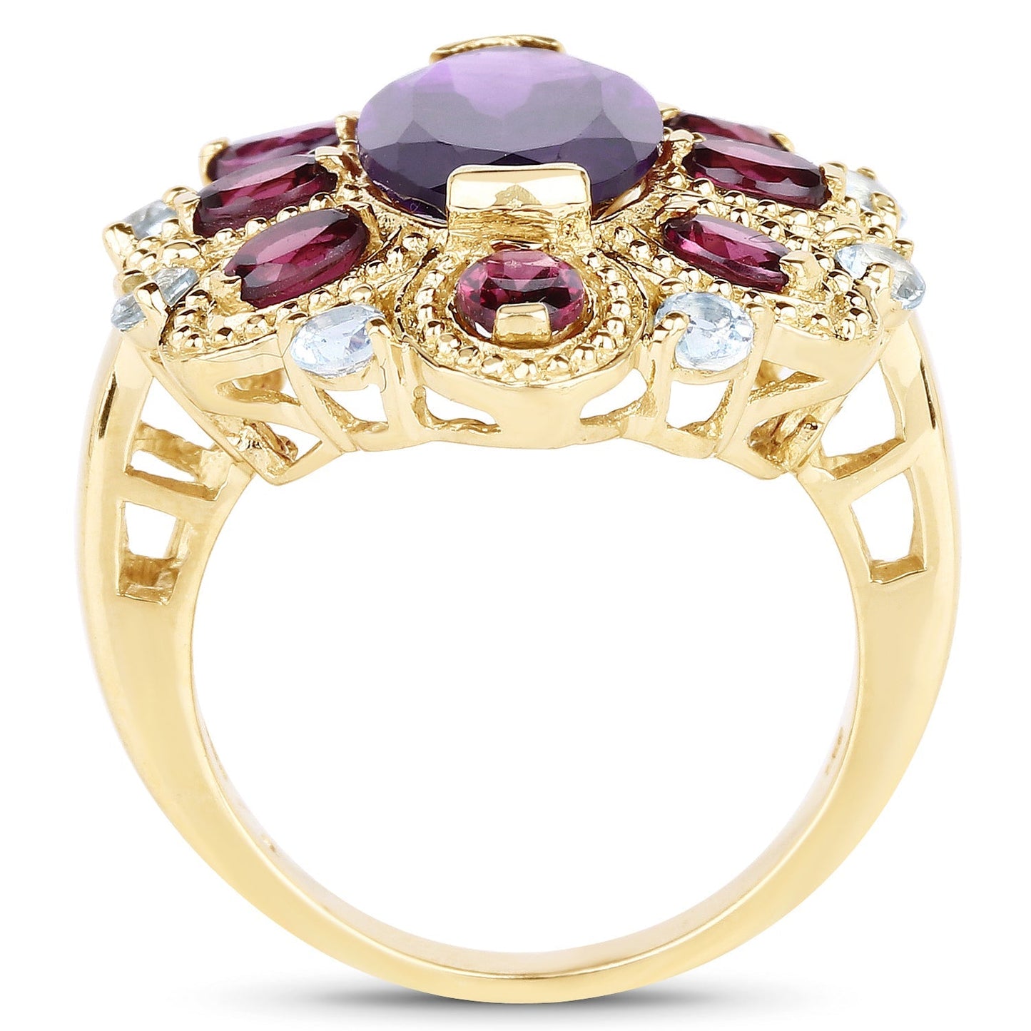 14K Yellow Gold Plated 6.80 Carat Genuine Amethyst, Rhodolite & Blue Topaz .925 Sterling Silver Ring Bids.com