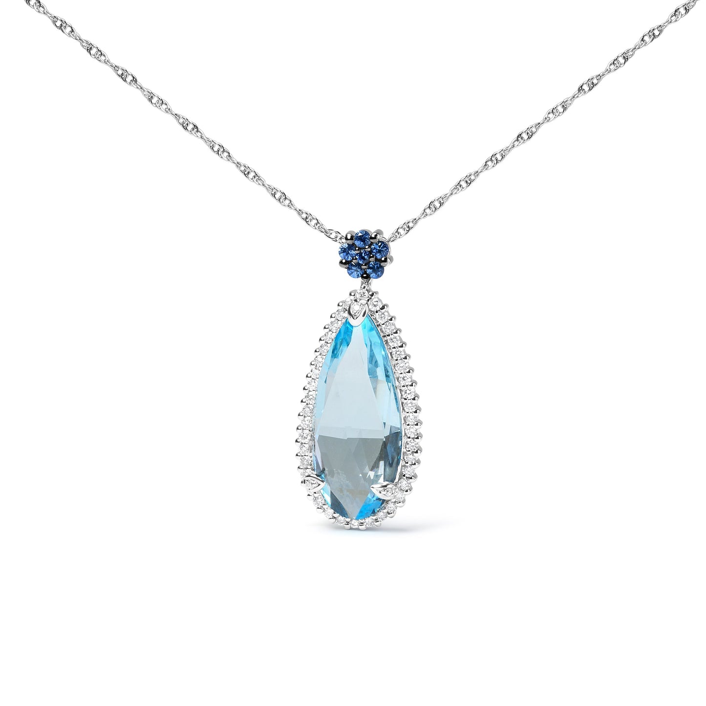 18K White Gold 3/8 Cttw Pave Set Diamond and Sky Blue Topaz and Blue Sapphire Gemstone Floral Teardrop Halo 18" Pendant Necklace (G-H Color, SI2-I1 Clarity) Bids.com