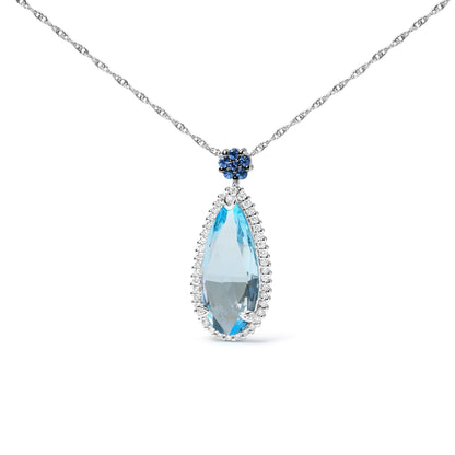 18K White Gold 3/8 Cttw Pave Set Diamond and Sky Blue Topaz and Blue Sapphire Gemstone Floral Teardrop Halo 18" Pendant Necklace (G-H Color, SI2-I1 Clarity) Bids.com