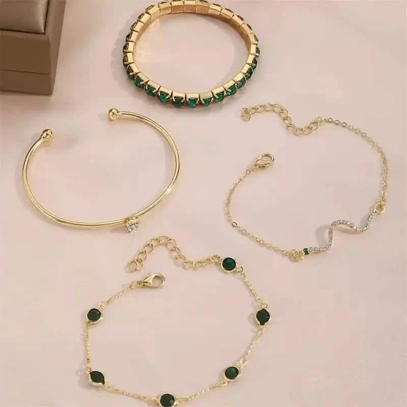 4pcs Green Emerald Rhinestone Snake Bracelet Set for Women DailySale