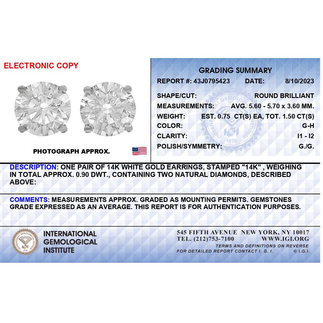 IGI Certified 14K White Gold 1 1/2 Cttw Round Diamond Solitaire Stud Earrings with Screwbacks (G-H Color, I1-I2 Clarity) Bids.com